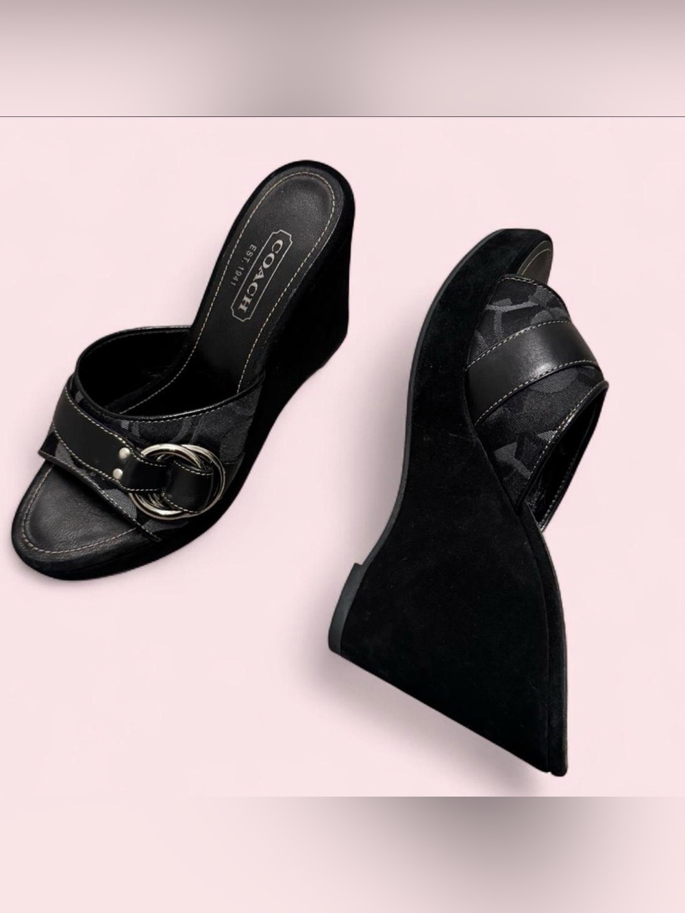 Coach Black Suede Wedge Slide Sandals with Buckle Detail